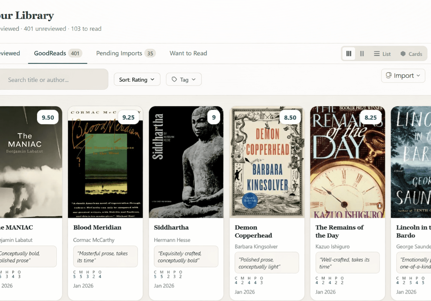 Your Library showing reviewed books with ratings, synopses, and dimension scores