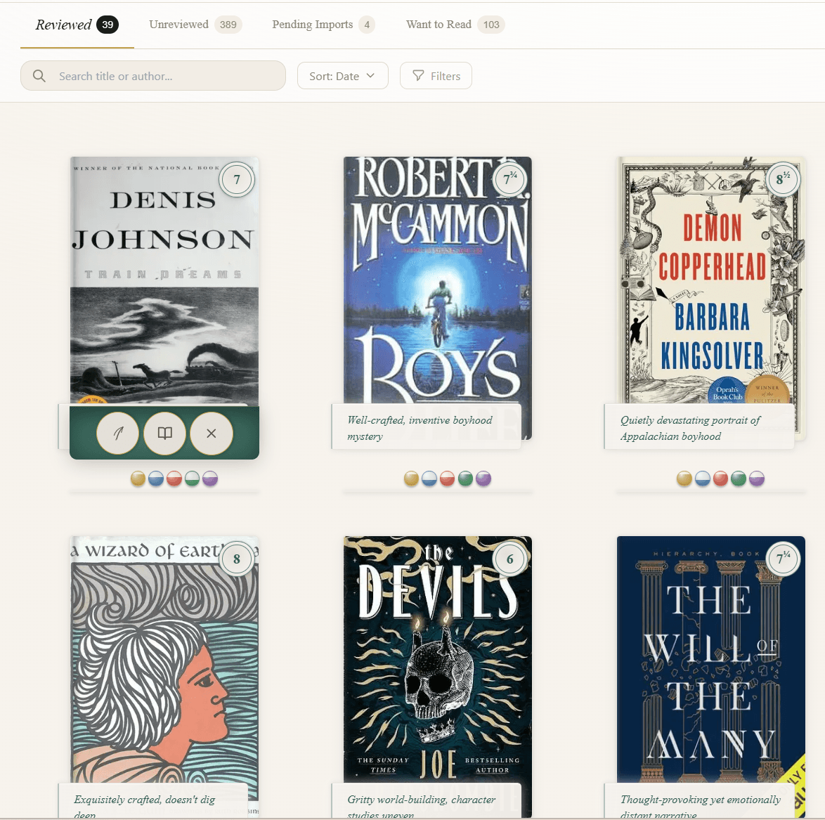 Library grid after — 3D book treatment, generous spacing, physical presence