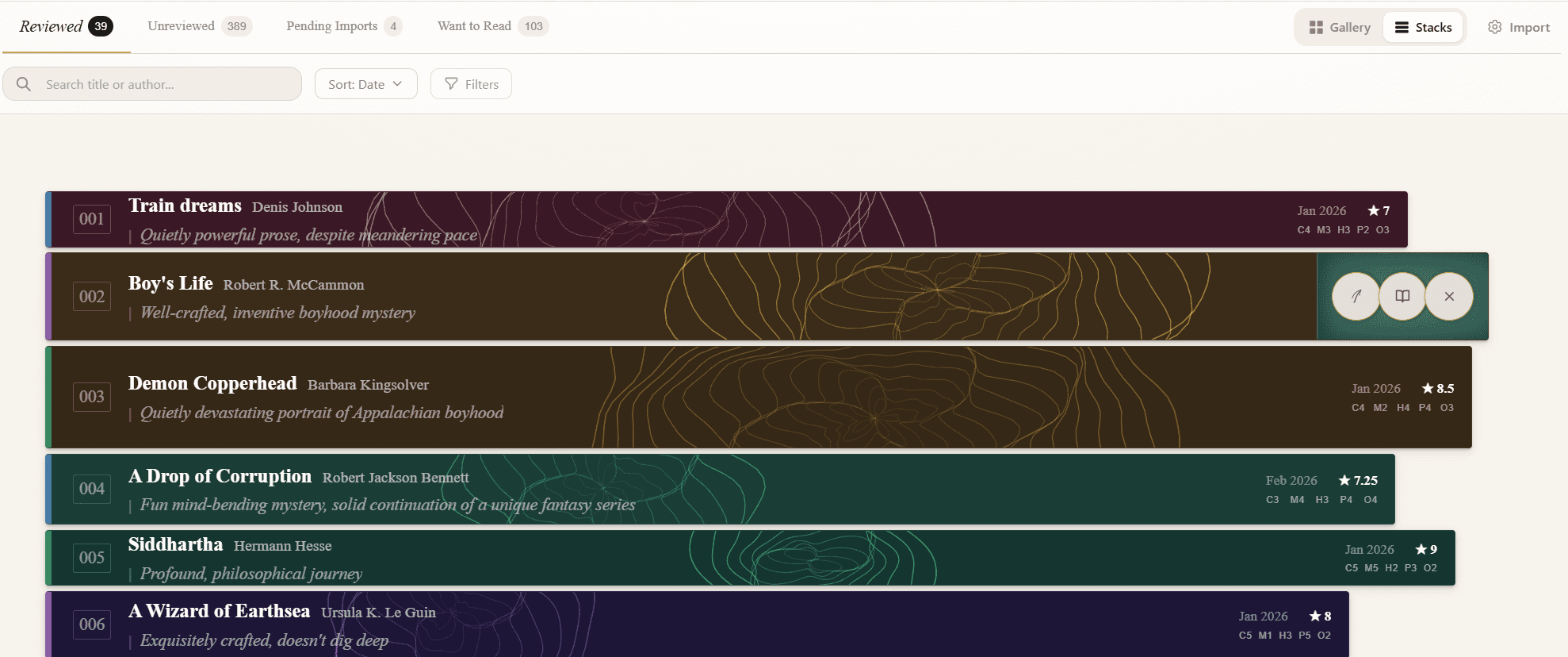 Library table after — rich colored bands, dimension orbs, synopsis text