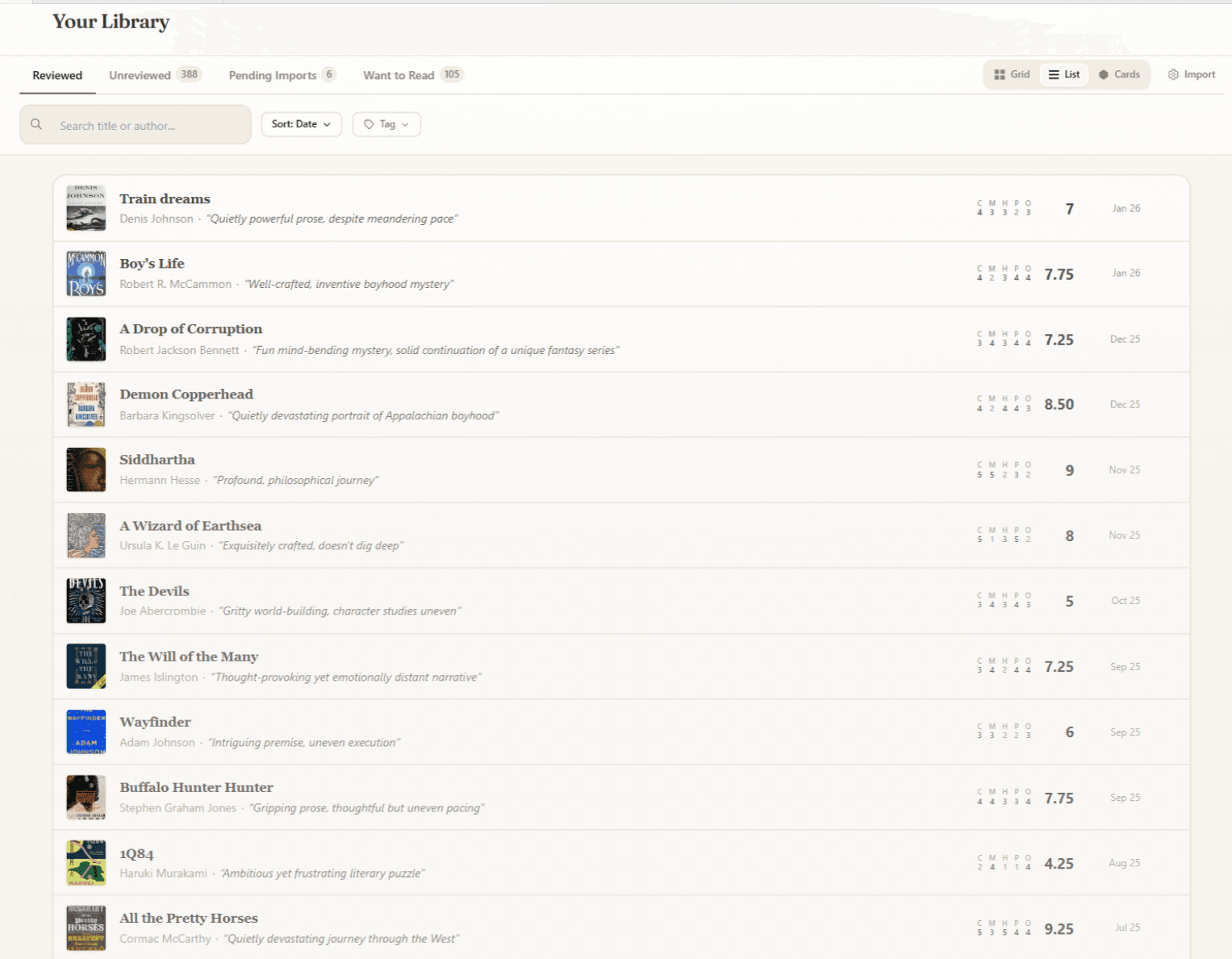 Library table before — rows of data with tiny thumbnails