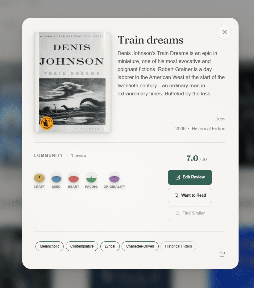 Work modal after — focused encounter with cover, dimensions, community data