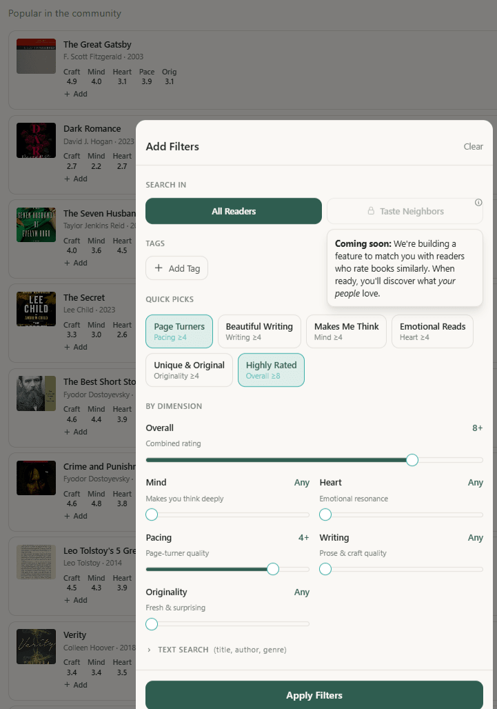 Discovery interface showing dimension filtering